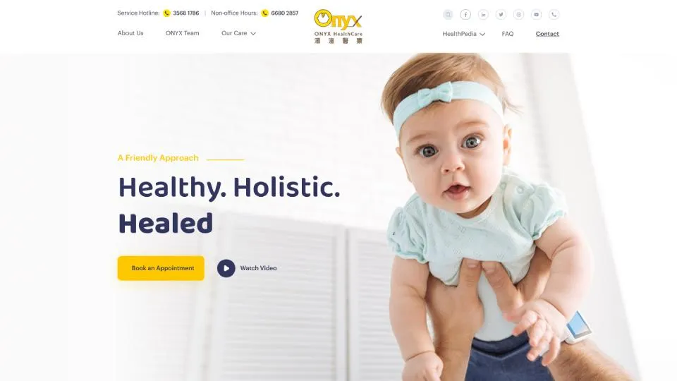 Screenshot of homepage web design website for ONYX Healthcare, a Hong Kong health clinic