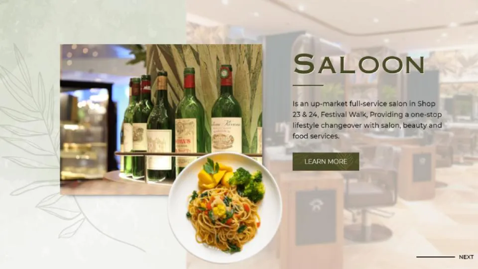 Screenshot of homepage web design website for Saloon Festival Walk, a Hong Kong salon with snack and drinks service